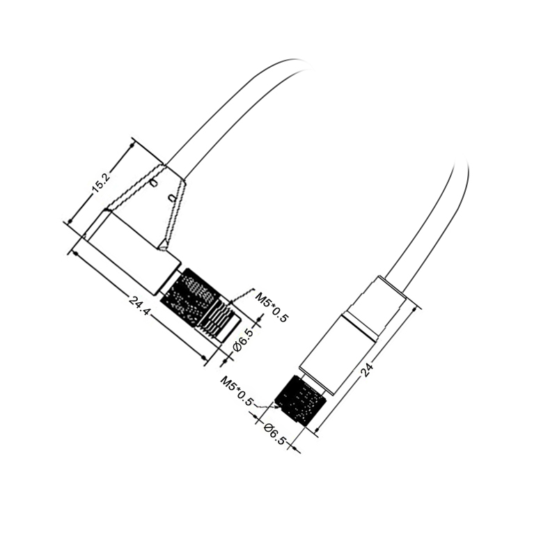 M5 4pins A code male right angle to female straight cable,unshielded,PVC,-40°C~+105°C,26AWG 0.14mm²,brass with nickel plated screw